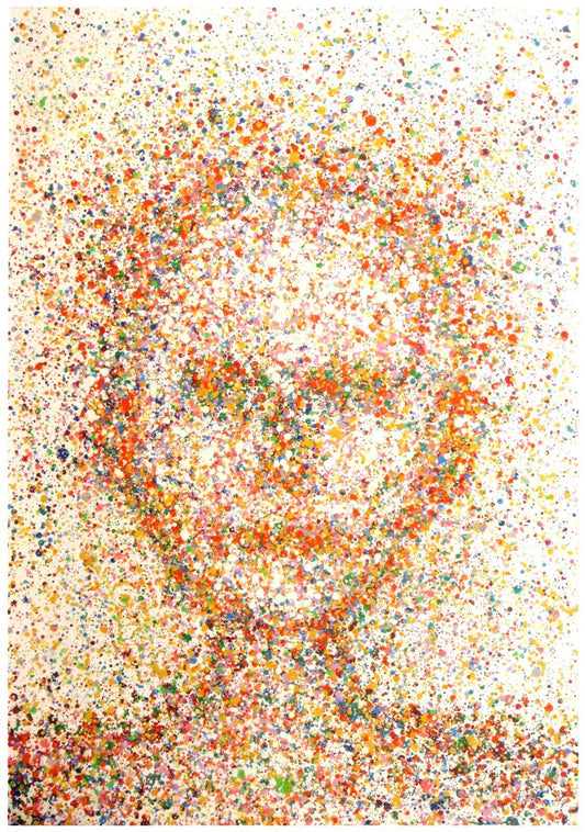 Abstract wall art portrait created from thousands of small coloured dots of paint on a white background