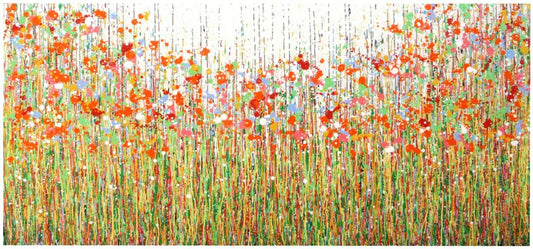 Extremely big original abstract wall art painting featuring a bright and colourful orange and pink flower meadow, on a white background.