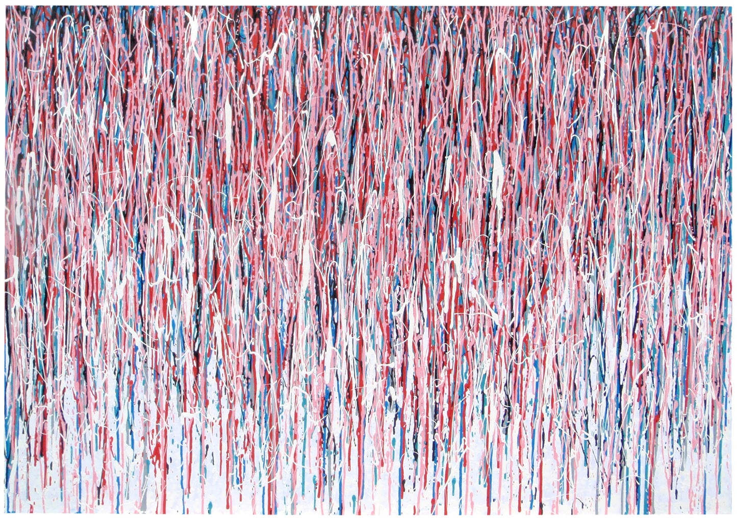 Contemporary artwork, with vertical pink drips and stripes, on an un-stretched 159 cm by 112 cm canvas - full view
