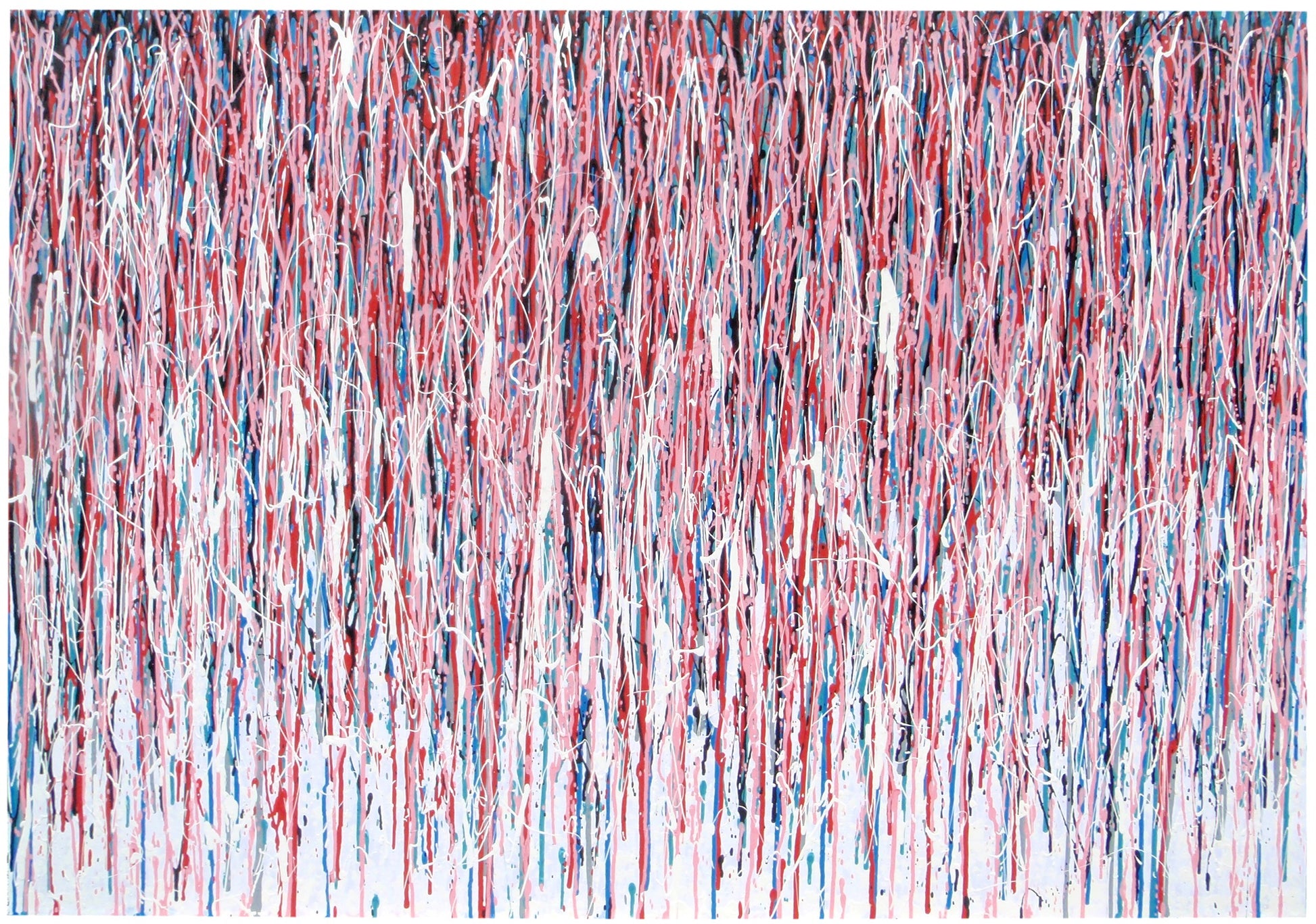 Contemporary artwork, with vertical pink drips and stripes, on an un-stretched 159 cm by 112 cm canvas - full view