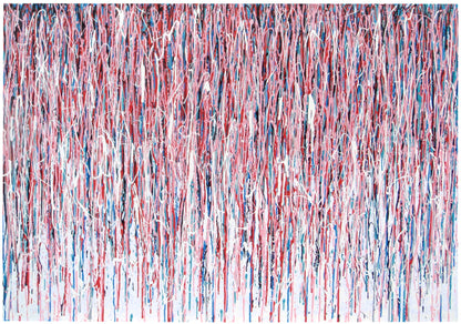 Contemporary artwork, with vertical pink drips and stripes, on an un-stretched 159 cm by 112 cm canvas - full view