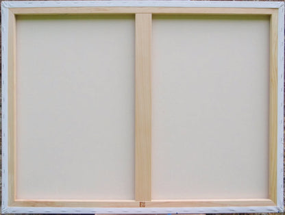 Colourful mosaic artwork with 'LOVE' spelled out on a textured background - back of canvas