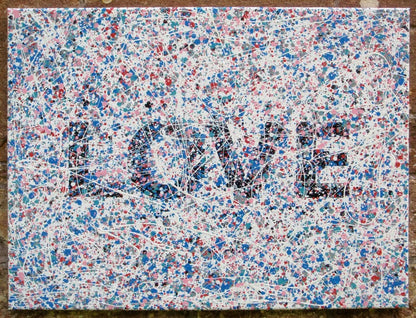 Colourful mosaic artwork with 'LOVE' spelled out on a textured background