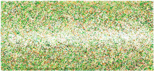 Green, yellow and white dot and spot very wide contemporary art canvas painting.