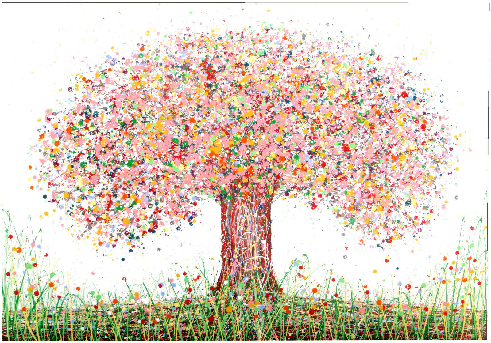 Pink and yellow original tree painting in a modern art style, on a white canvas background