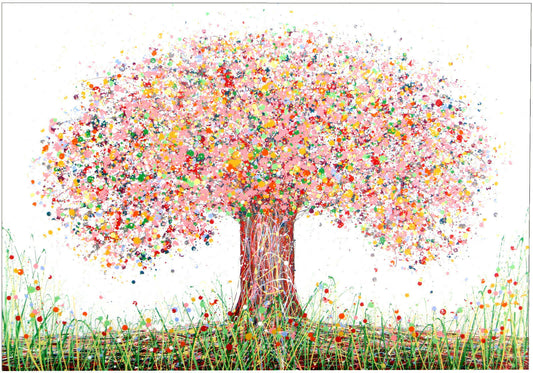 Pink and yellow original tree painting in a modern art style, on a white canvas background