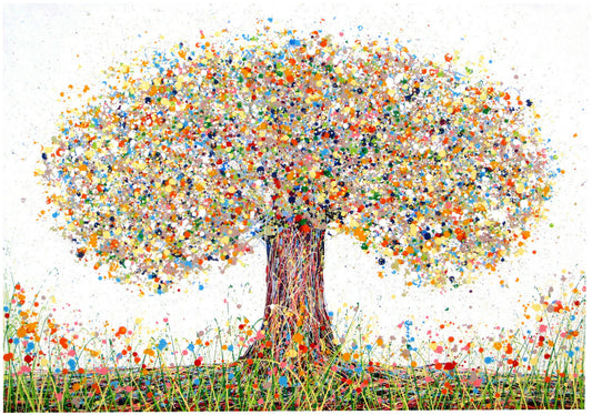 Original and unique abstract wall art decor tree painting on a huge canvas, with earthy brown and blue colours.