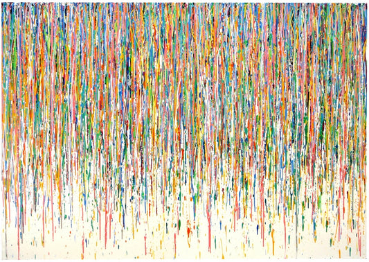 Really big vertical drip painting with teal, yellow and green