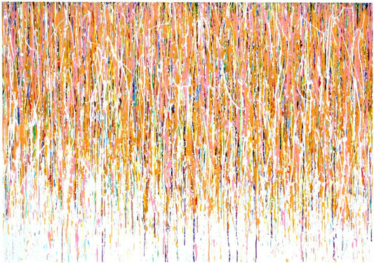 Really big abstract art canvas with pink and metallic gold vertical drips and lines on a white background