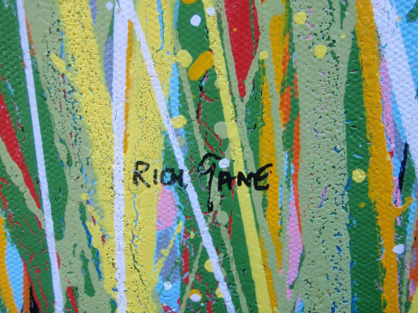 Painting of tall grasses swaying in a field with a blue sky on 159 cm by 112 cm canvas - detail.