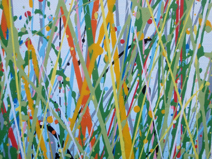 Painting of tall grasses swaying in a field with a blue sky on 159 cm by 112 cm canvas - detail.