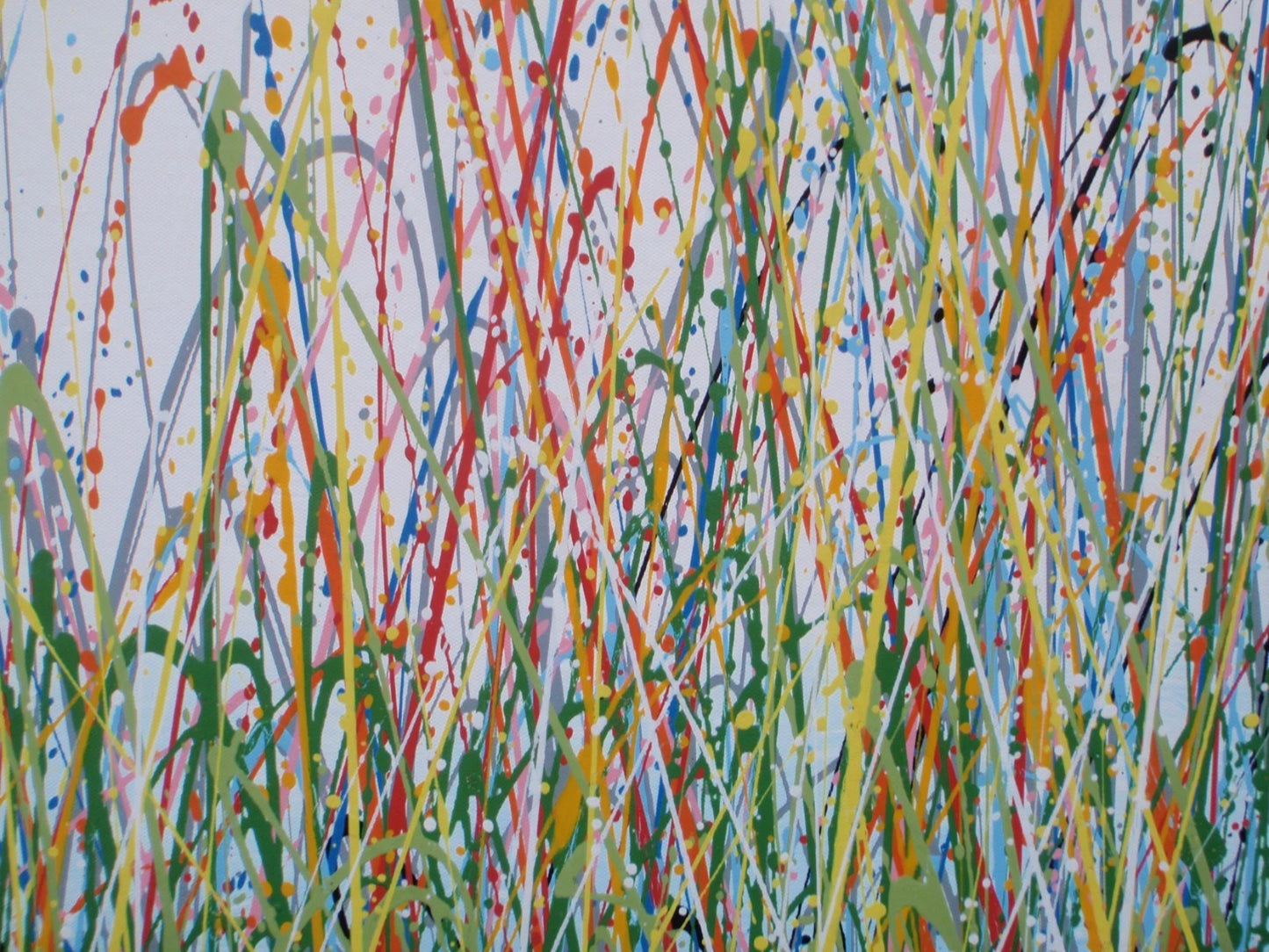 Painting of tall grasses swaying in a field with a blue sky on 159 cm by 112 cm canvas - detail.