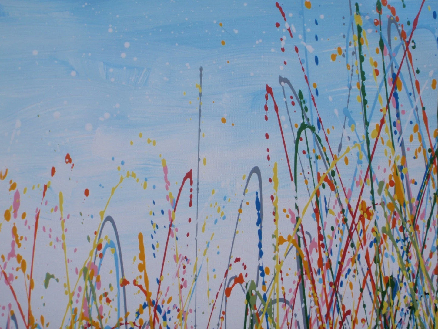 Painting of tall grasses swaying in a field with a blue sky on 159 cm by 112 cm canvas - detail.