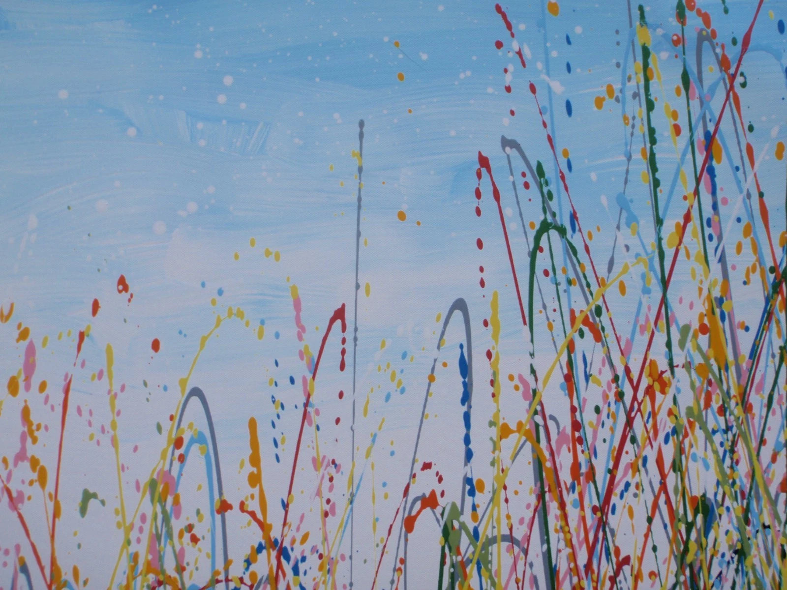 Painting of tall grasses swaying in a field with a blue sky on 159 cm by 112 cm canvas - detail.