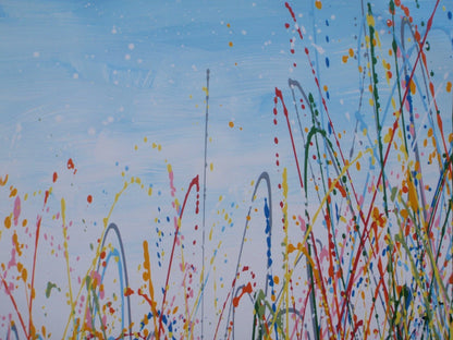 Painting of tall grasses swaying in a field with a blue sky on 159 cm by 112 cm canvas - detail.