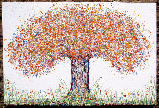 Original modern art orange tree painting on stretched 150 by 100 cm canvas - full view