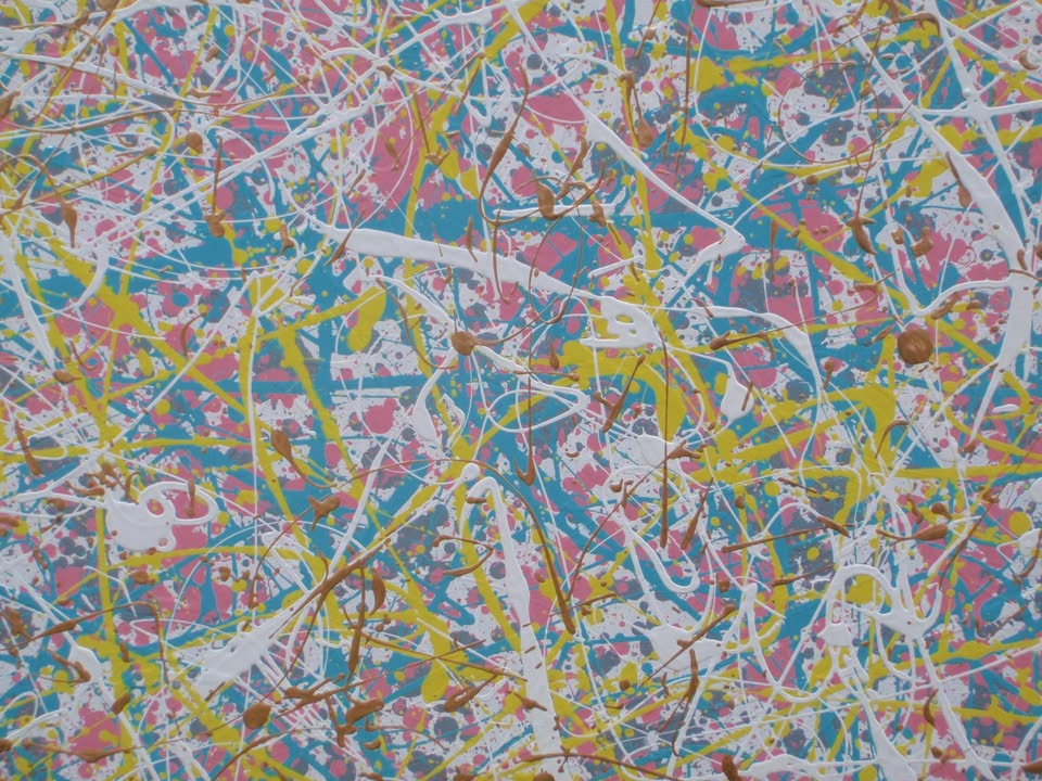 Abstract multi-colour paint splatter and drip artwork with dense white, pink, yellow, blue, and metallic gold across the full 143 by 100 cm framed canvas - detail