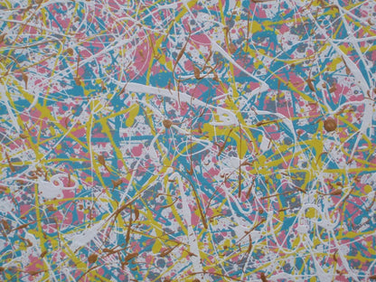 Abstract multi-colour paint splatter and drip artwork with dense white, pink, yellow, blue, and metallic gold across the full 143 by 100 cm framed canvas - detail