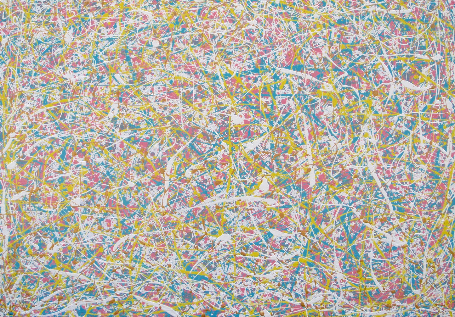 Abstract multi-colour paint splatter and drip artwork with dense white, pink, yellow, blue, and metallic gold across the full 143 by 100 cm framed canvas - full view
