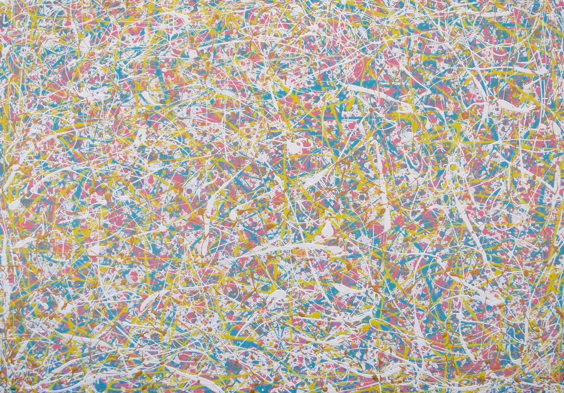 Abstract multi-colour paint splatter and drip artwork with dense white, pink, yellow, blue, and metallic gold across the full 143 by 100 cm framed canvas - full view