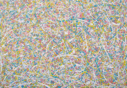 Abstract multi-colour paint splatter and drip artwork with dense white, pink, yellow, blue, and metallic gold across the full 143 by 100 cm framed canvas - full view