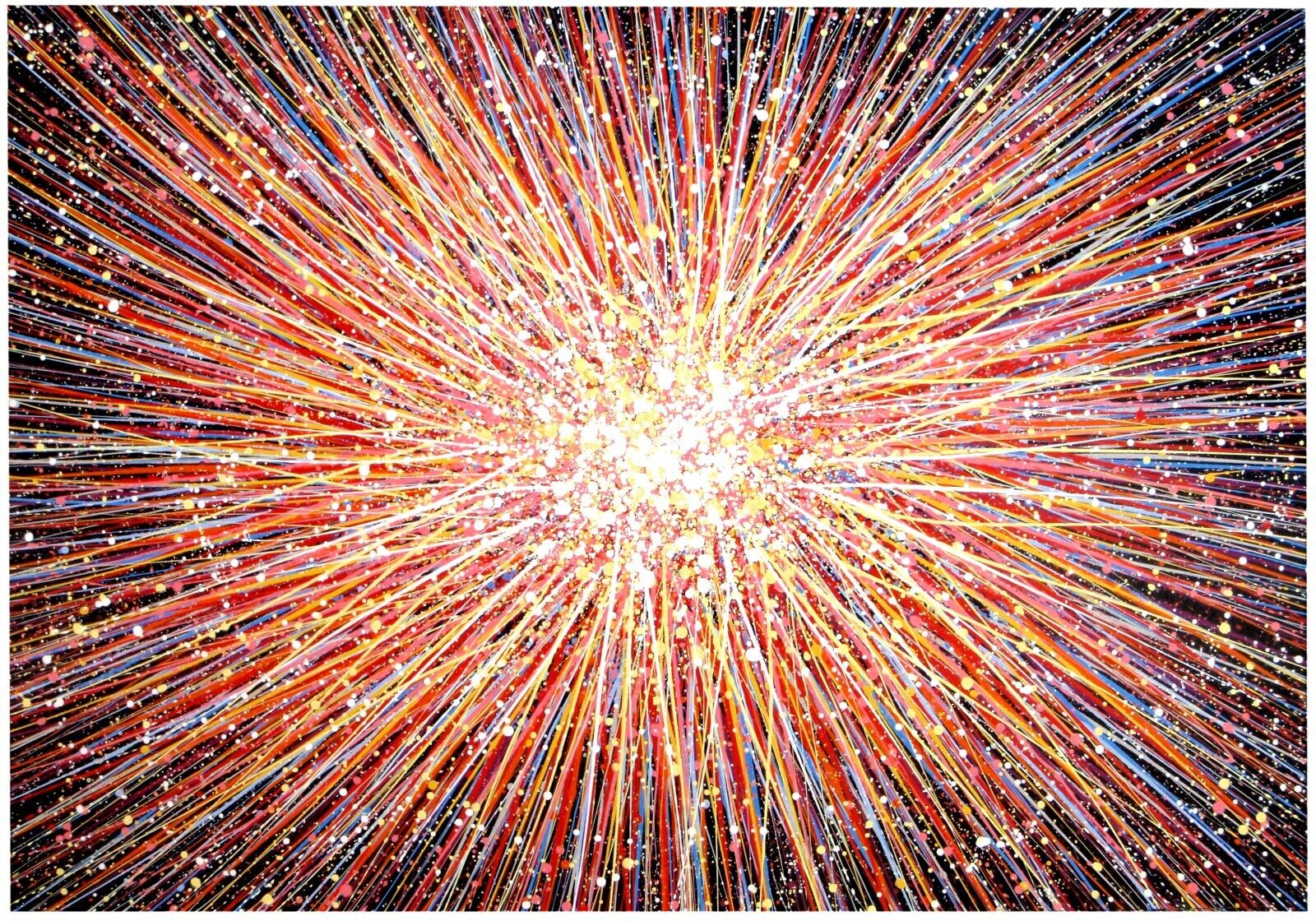 Very large original canvas painting with a colourful abstract design resembling a starburst with a bright centre and lots of pink and red, on a black background