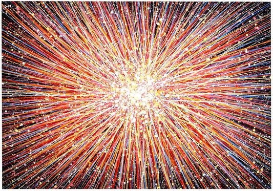 Very large original canvas painting with a colourful abstract design resembling a starburst with a bright centre and lots of pink and red, on a black background
