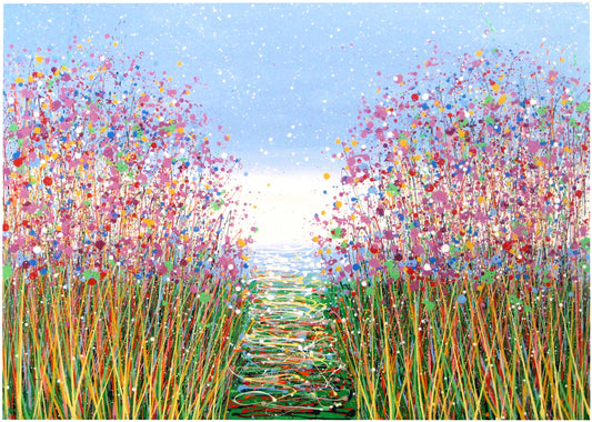 Purple and lilac flower meadow with footpath, painted in a modern art style, on really big canvas.