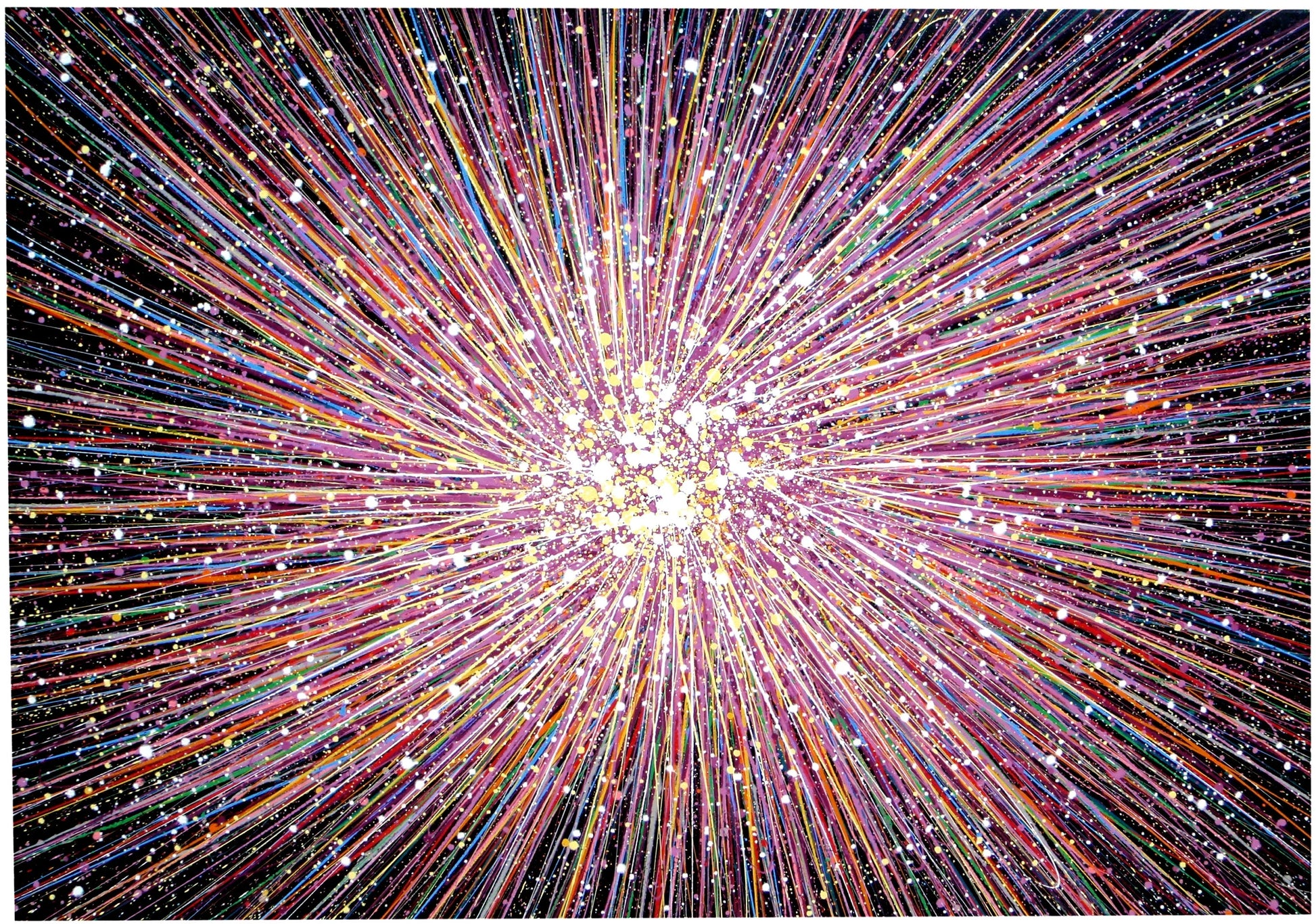 Colourful purple and lilac starburst original abstract wall art painting with a bright centre, on a huge canvas.