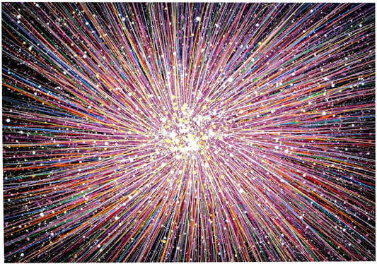 Colourful purple and lilac starburst original abstract wall art painting with a bright centre, on a huge canvas.