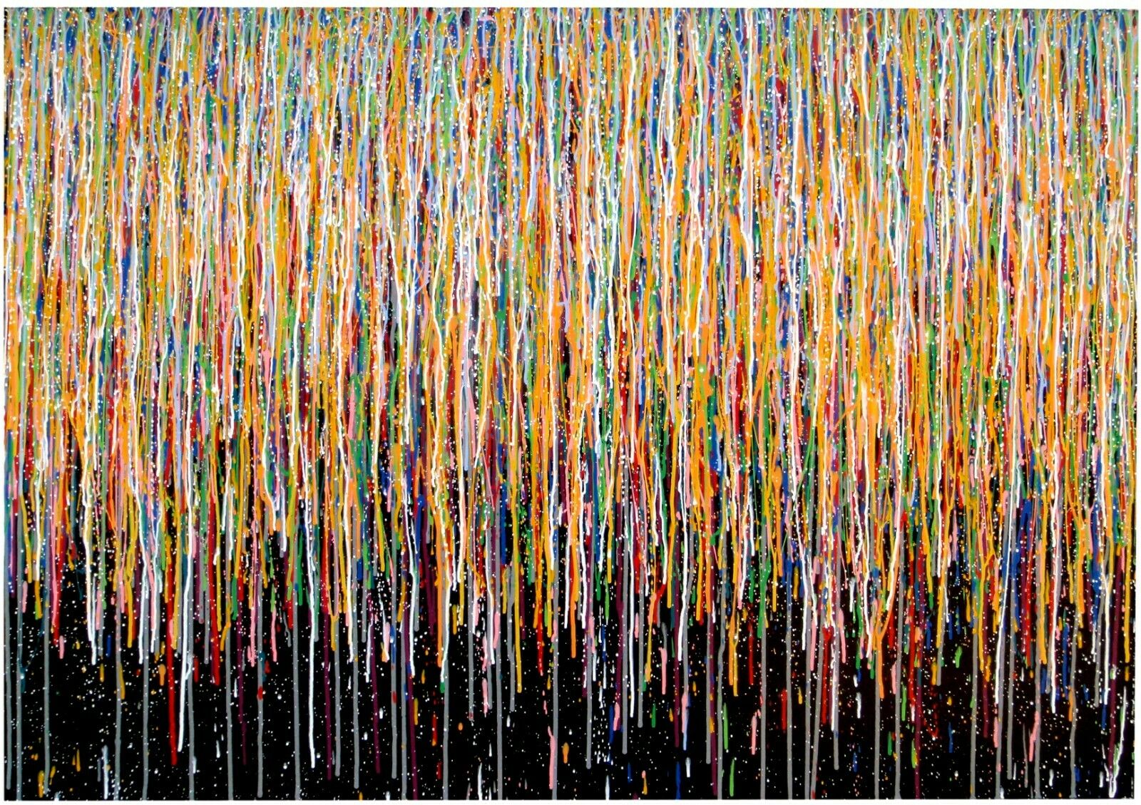 Huge abstract canvas wall art really colourful vertical drip painting on a black background, by Somerset artist Rich Gane