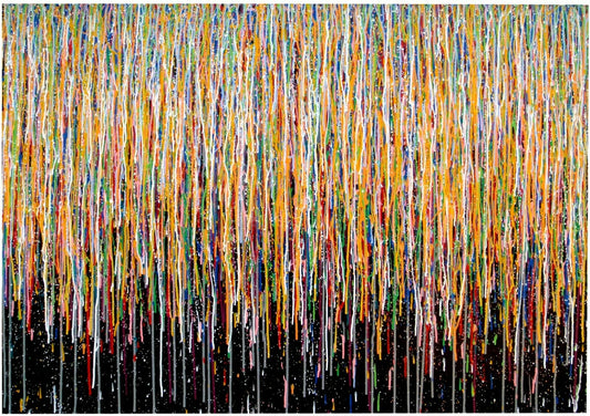 Huge abstract canvas wall art really colourful vertical drip painting on a black background, by Somerset artist Rich Gane