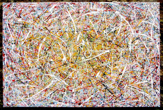 Abstract artwork with multi-coloured drips and splashes on a textured background, on a framed 150 cm by 100 cm canvas - full view