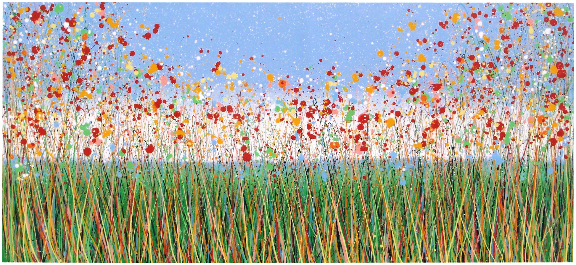 Modern art painting of colourful flowers, especially red and yellow ones, in a field with a blue sky, painted on a huge canvas.