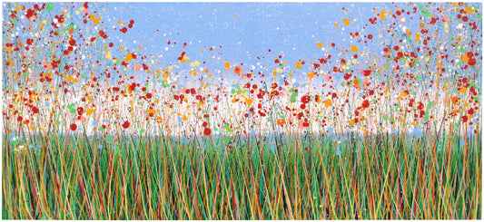 Modern art painting of colourful flowers, especially red and yellow ones, in a field with a blue sky, painted on a huge canvas.