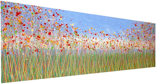 Gigantic panoramic abstract painting of a red flower and grass meadow, against a lovely blue sky
