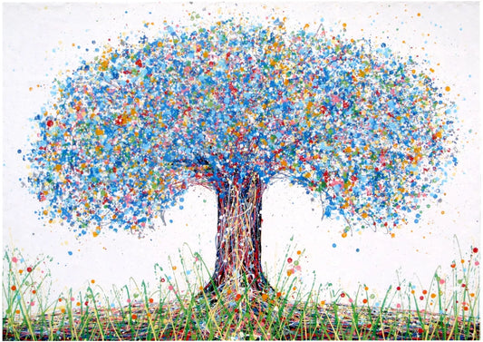 Colourful blue tree abstract painting on a white 158 cm by 112 cm un-stretched canvas - full view