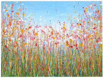 Colourful abstract painting of pink and yellow flowers with a blue sky background, on a massive 149 cm by 112 cm un-stretched canvas - full view
