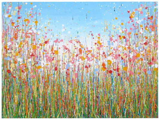 Colourful abstract painting of pink and yellow flowers with a blue sky background, on a massive 149 cm by 112 cm un-stretched canvas - full view
