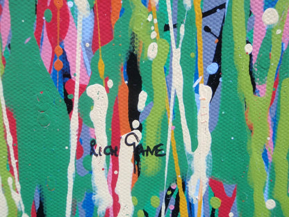 Colourful abstract painting of pink and yellow flowers with a blue sky background, on a massive 149 cm by 112 cm un-stretched canvas - detail