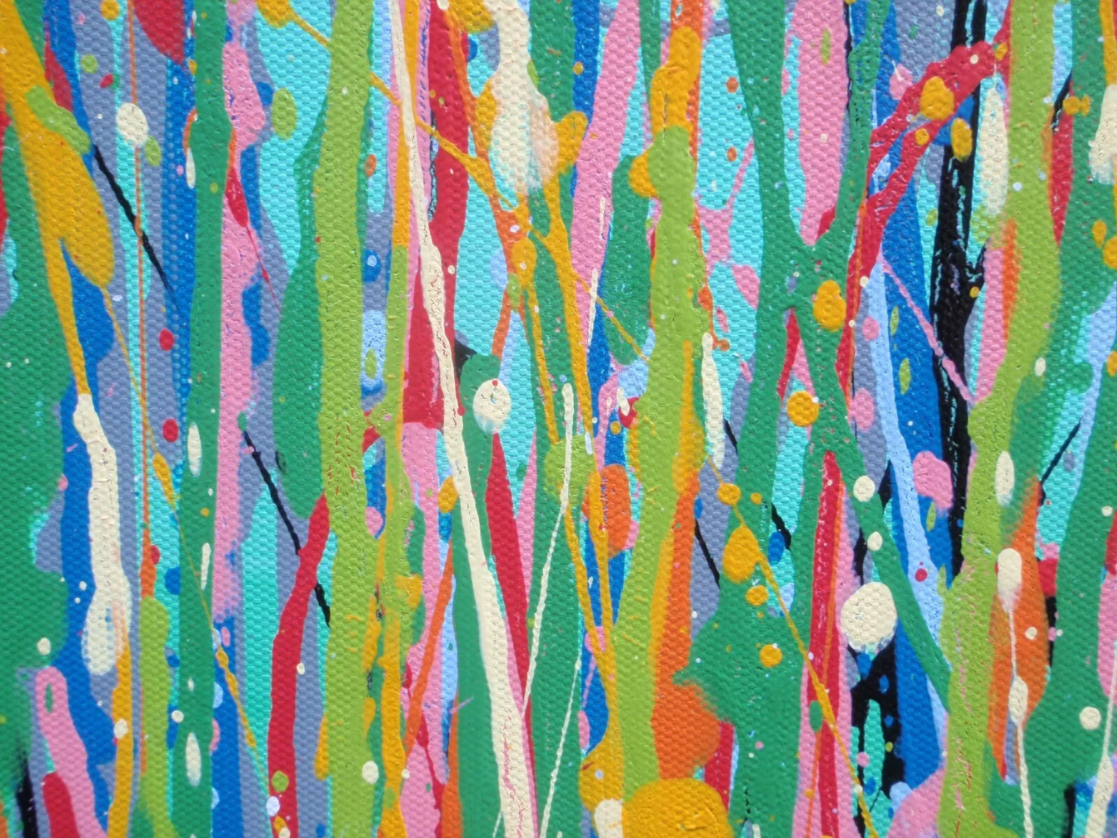 Colourful abstract painting of pink and yellow flowers with a blue sky background, on a massive 149 cm by 112 cm un-stretched canvas - detail