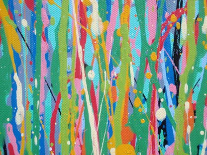 Colourful abstract painting of pink and yellow flowers with a blue sky background, on a massive 149 cm by 112 cm un-stretched canvas - detail