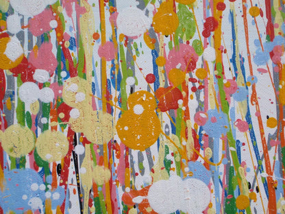 Colourful abstract painting of pink and yellow flowers with a blue sky background, on a massive 149 cm by 112 cm un-stretched canvas - detail