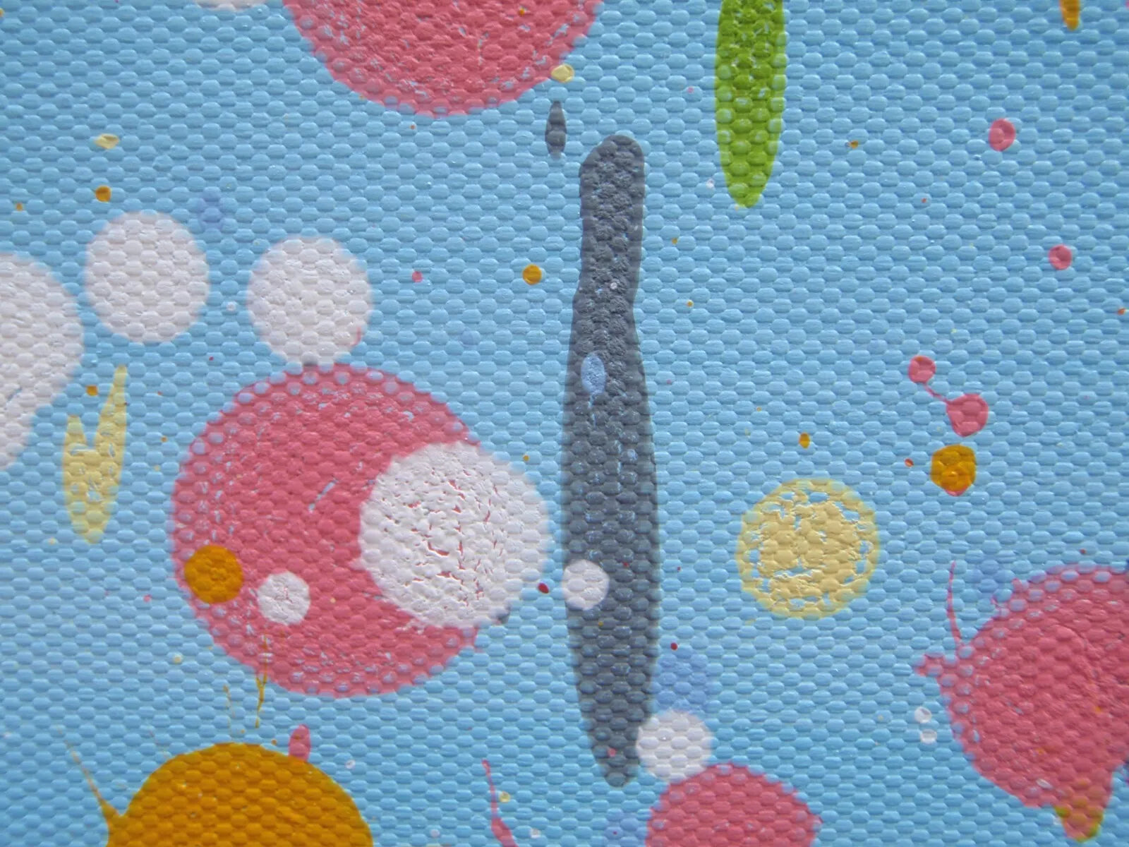 Colourful abstract painting of pink and yellow flowers with a blue sky background, on a massive 149 cm by 112 cm un-stretched canvas - detail