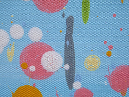 Colourful abstract painting of pink and yellow flowers with a blue sky background, on a massive 149 cm by 112 cm un-stretched canvas - detail
