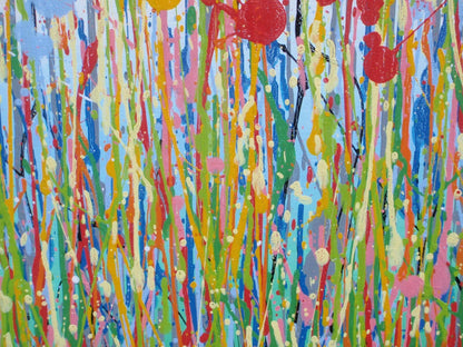 Colourful abstract painting of pink and yellow flowers with a blue sky background, on a massive 149 cm by 112 cm un-stretched canvas - detail