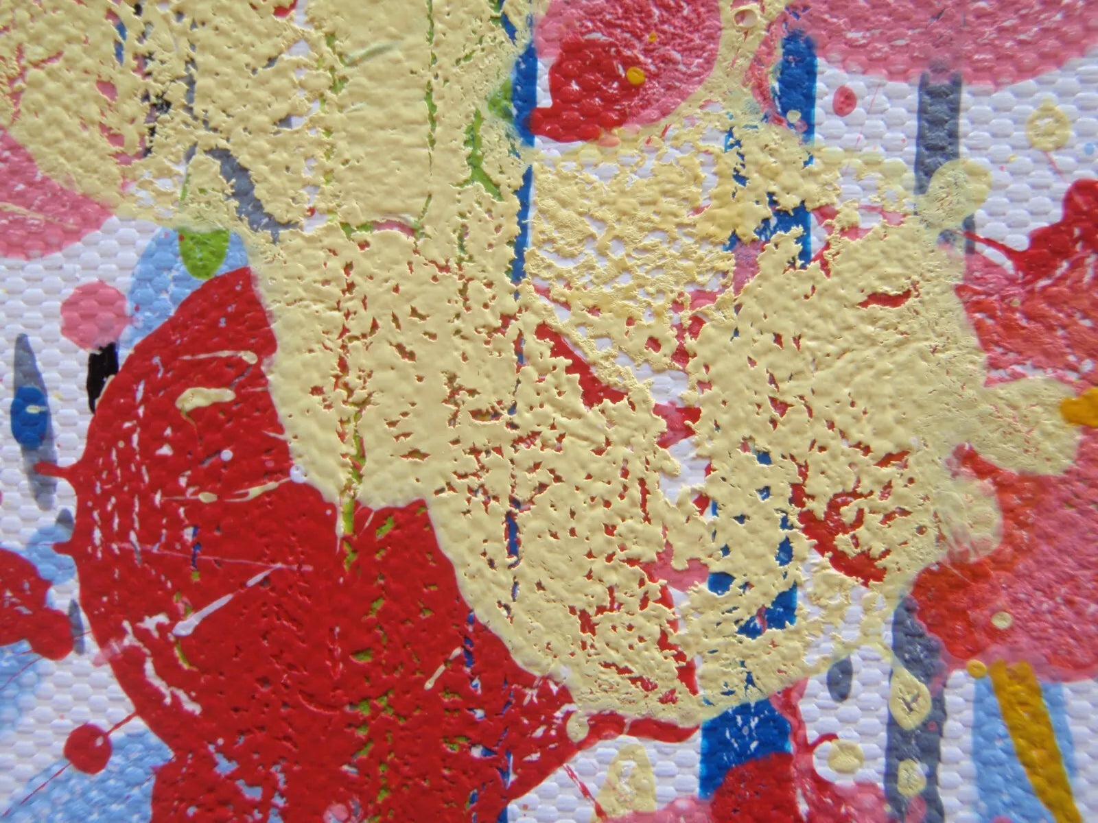 Colourful abstract painting of pink and yellow flowers with a blue sky background, on a massive 149 cm by 112 cm un-stretched canvas - detail