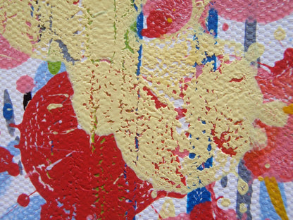 Colourful abstract painting of pink and yellow flowers with a blue sky background, on a massive 149 cm by 112 cm un-stretched canvas - detail
