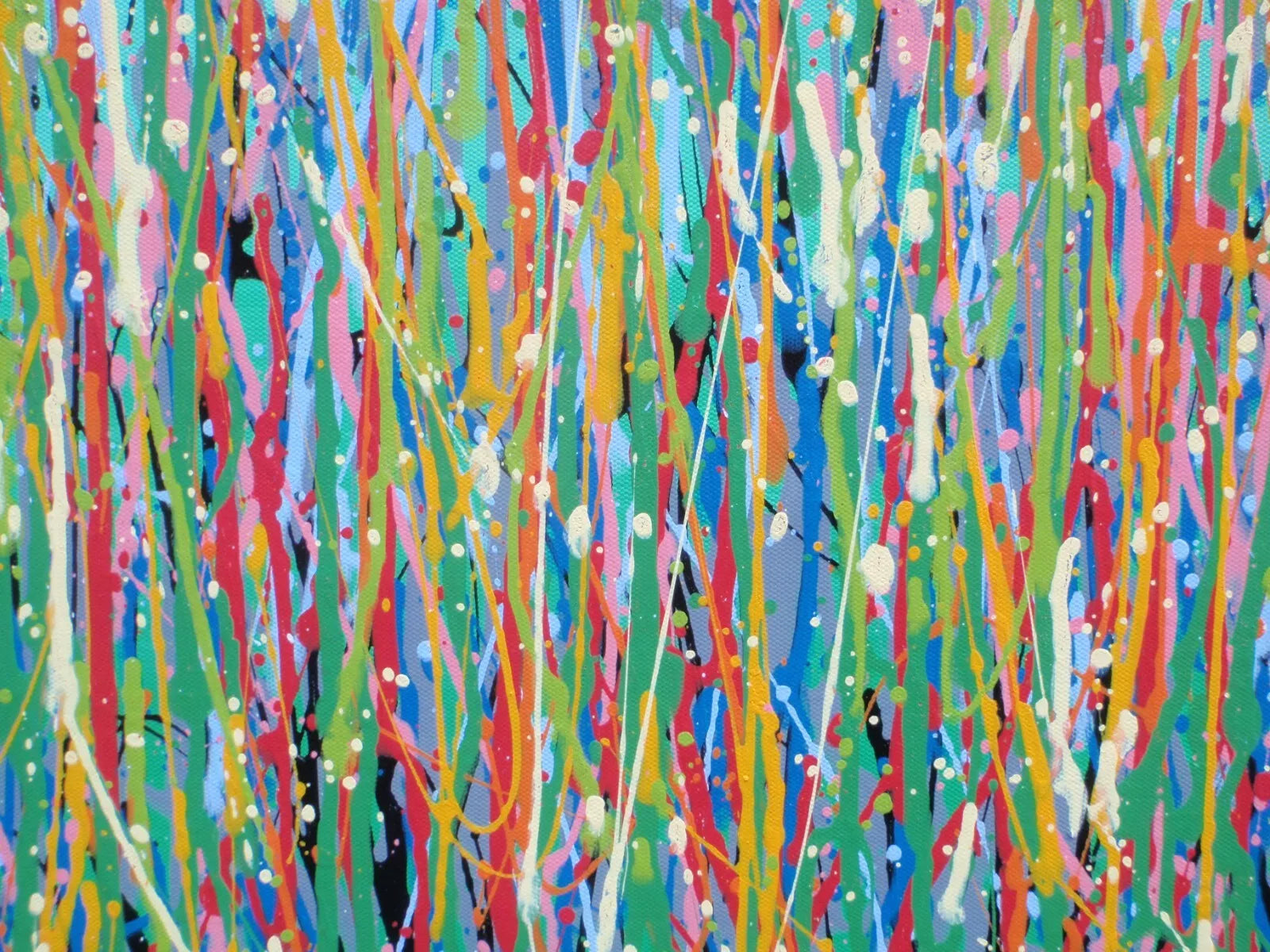 Colourful abstract painting of pink and yellow flowers with a blue sky background, on a massive 149 cm by 112 cm un-stretched canvas - detail