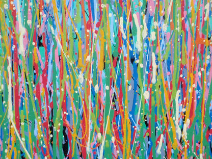 Colourful abstract painting of pink and yellow flowers with a blue sky background, on a massive 149 cm by 112 cm un-stretched canvas - detail